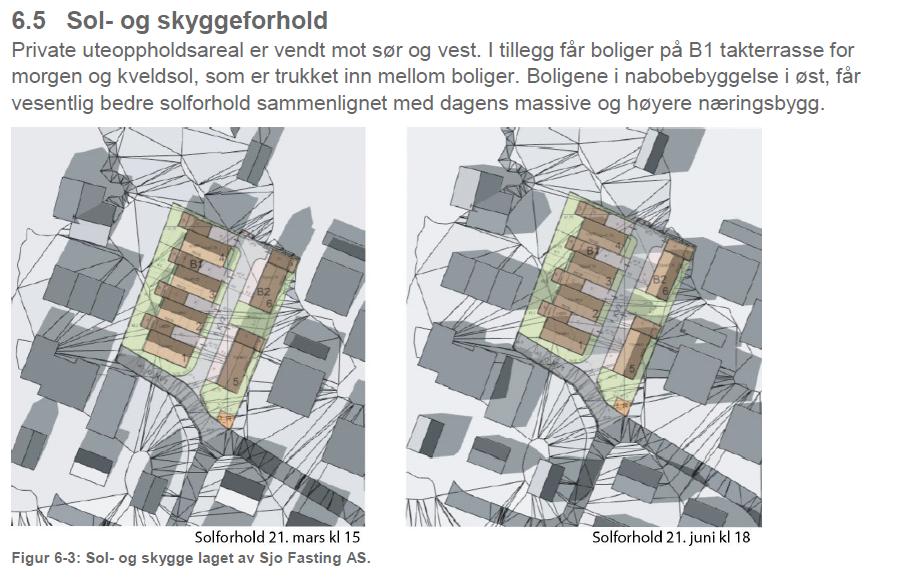 Sol- og skuggetilhøve Figur: Utklipp om sol- og skuggeforhold frå planbeskrivelsen, side 19 Soltilhøve er det lite å gjere med når det gjeld fortetting på ei tidlegare næringstomt.