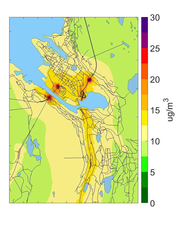 beregnet årsmiddel for PM 10 (µg/m 3 ) for Dagens Situasjon 2015, Referansesituasjonen 2021 og Referansesituasjonen 2021 med tiltak