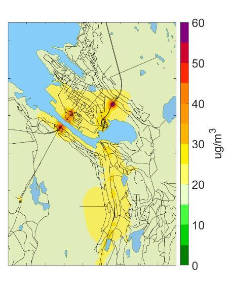 høyeste døgnmiddelkonsentrasjon for PM 10 (µg/m 3 ) for Dagens Situasjon 2015, Referansesituasjonen 2021 og Referansesituasjonen 2021 med