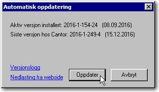 Etter at du har valgt «søk etter oppgradering», får du opp et bilde som viser hvilken versjon som ligger på nettet og hvilken versjon som er installert hos deg. Du kan lese versjonsloggen før du evt.