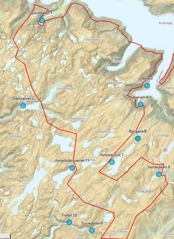 Figur 3-2: Kart med lokaliteter der selvregistreringskasser var plassert ut. Utarbeidet av verneområdeforvalter, Anbjørg Nornes De 11 kassene sto ute fra medio juni til starten av oktober.