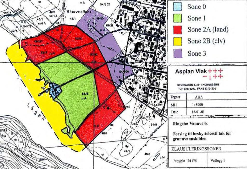 Forholdet til annen planlegging Figur 2.2.6: Klausuleringssoner rundt Ringebu vannverk (Asplan Viak, 2001) under tak på tett støpt underlag med kanter høye nok til å samle opp hele tankens innhold.