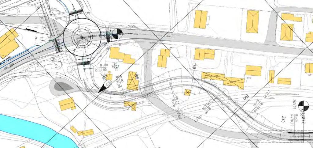 Beskrivelse av tiltaket Figur 3.8.10: Alternativ 2.2 med delt kryss nord for Vålebru med ramper ført over ny E6 og over jernbanen for tilkopling til dagens kvartalsstruktur.