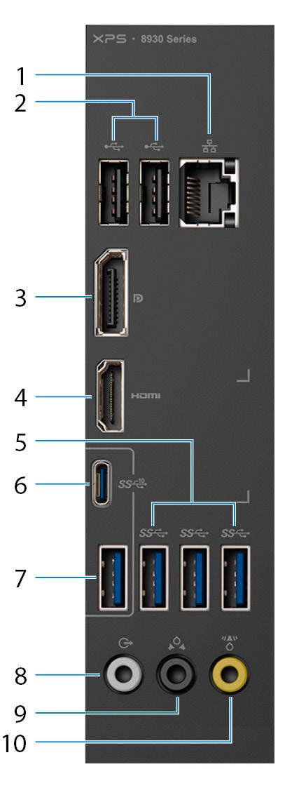 Bakpanel 1 Nettverksport - 10/100/1000 Mb/s (med lys) Koble til en Ethernet (RJ45)-kabel fra en ruter eller et bredbåndsmodem for tilkobling til nettverk eller Internett.