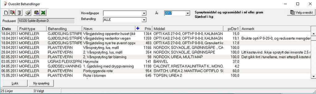 Behandling/gjødsling Dette er det samme vinduet du får opp via snarveiene som ligger på åpningsskjermen For å registre ny sprøyting trykk på blankt ark oppe