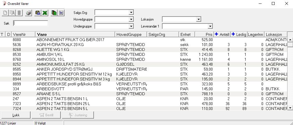 Vare Dette gjelder salg av driftsmidler Oversikt Oversikt over alle varer lageret har.