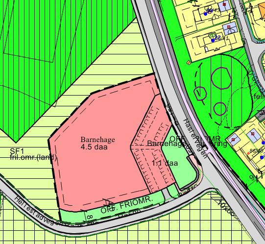 Haslervegen/Hellestadgangen (del av gbnr. 86/1): Eiendommen er ca. 5,5 da.