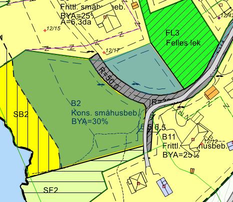 Gruehagan (deler av gbnr. 12/25): Område regulert til konsentrert småhusbebyggelse (B2), ca. 4 da., samt en boligtomt, ca. 0,9 da.