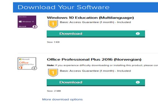 Laste ned Office 2016: Gå tilbake til nettleservinduet der du startet med å laste ned, der produktnøklene vises Velg å klikke på Download for Office.