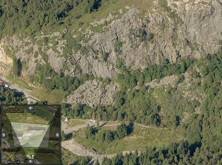 Morvikbotn Figur 2. Skråfoto av planområdet og fjellsiden/skråningene bak ved Morvikbotn og områder med størst sannsynlighet for nedfall (rødskravert ellipse). Kilde: www.gulesider.no 3.