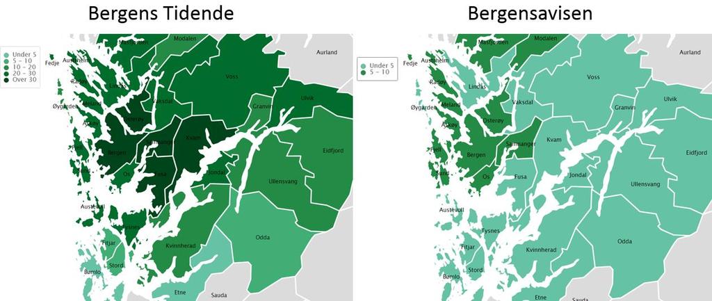 Figur 6-2: Illustrasjon av det geografisk nedslagsfelt, målt i husstandsdekning, for Bergens Tidende og Bergensavisen. Kilde: Aviskatalogen.