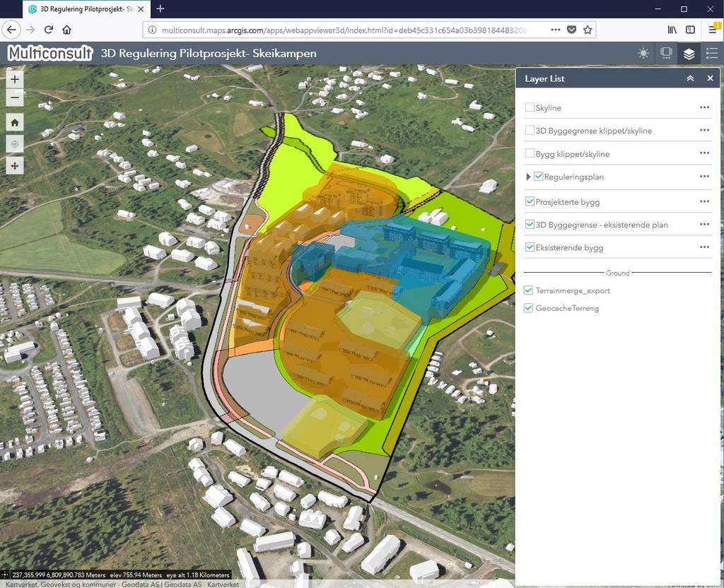 4 Analyse og distribusjon distribusjon av reguleringsplaner i 3D ble det i dette prosjektet lastet opp en 3D-modell av planen til ESRI sin ArcGIS Online-løsning.
