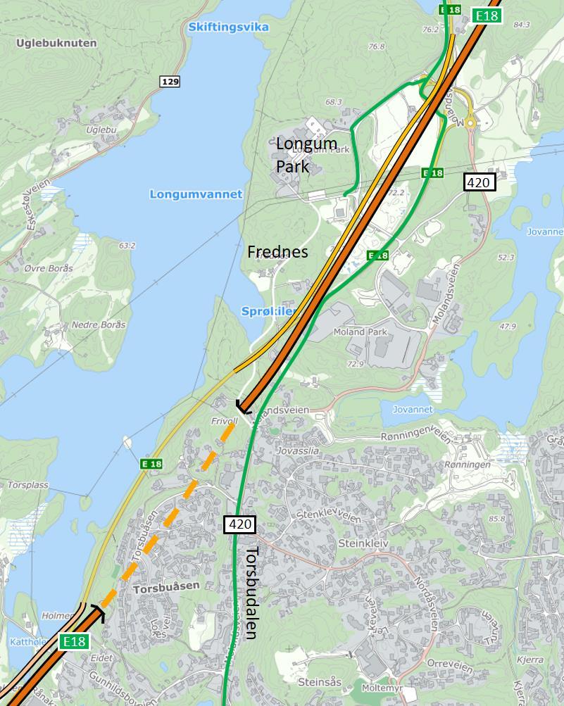 Ny GS Området Torsbuåsen tunnel Stølen mindre reguleringsendring GS-veg GS-veg videreføres fra Torsbudalen mot Stølen delvis i trase til dagens E18