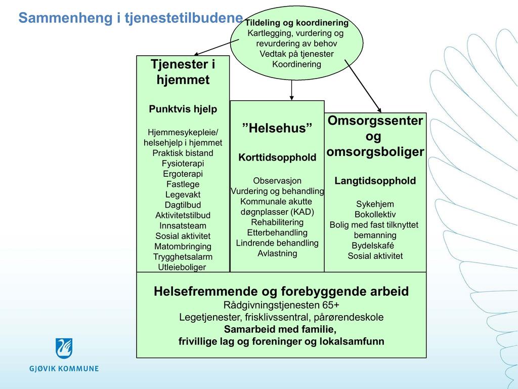 Sammenheng i tjenestetilbudene Tjenester i hjemmet Tildeling og koordinering Kartlegging, vurdering og revurdering av behov Vedtak på tjenester Koordinering Punktvis hjelp Hjemmesykepleie/ helsehjelp