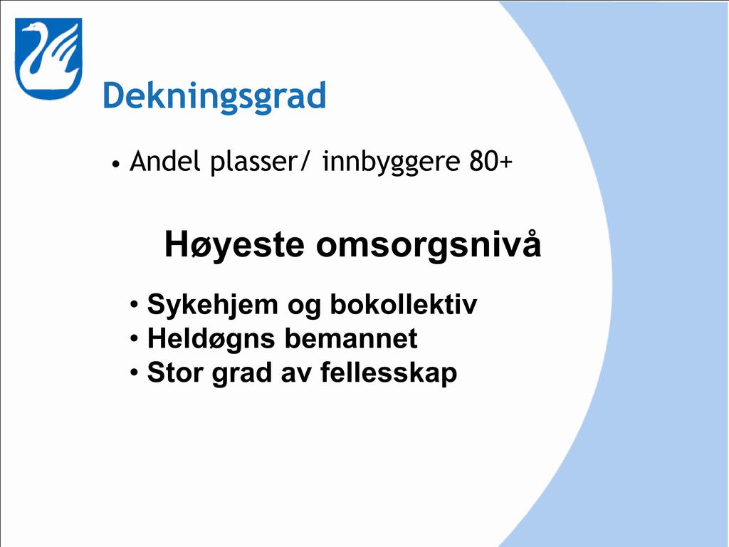 Dekningsgrad Andel plasser/ innbyggere 80+ Høyeste omsorgsnivå