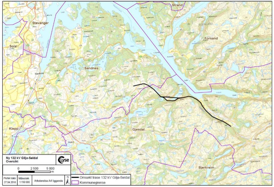 Omsøkt tiltak En ny 132 kv enkeltkurs forbindelse mellom Gilja i Gjesdal kommune og Seldalsheia i Sandnes