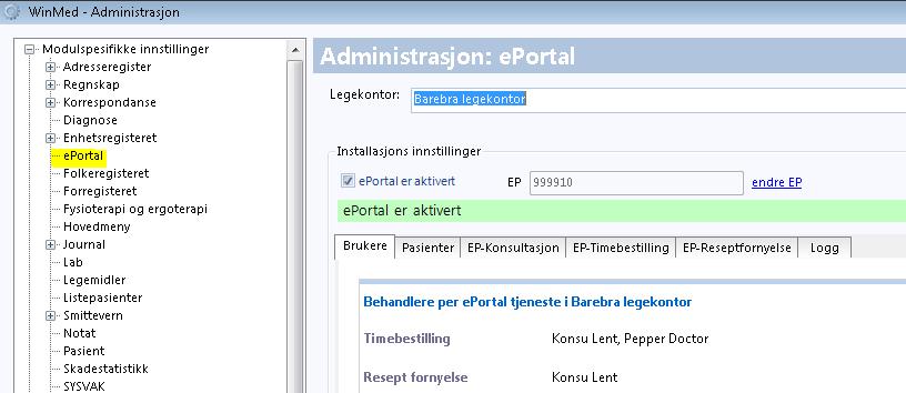 1 4 2 3 1. I Administrasjon velger konsulenten eportal. 2. Han haker av for eportal er aktivert. 3. Lenken Endre EP åpner en dialogboks hvor han angir aktiveringspassordet.