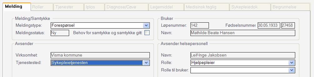 Tilbake i Profil: Nederst i bildet finnes følgende punkter: Mottaker Her kan man se og evt endre mottaker av meldingen.