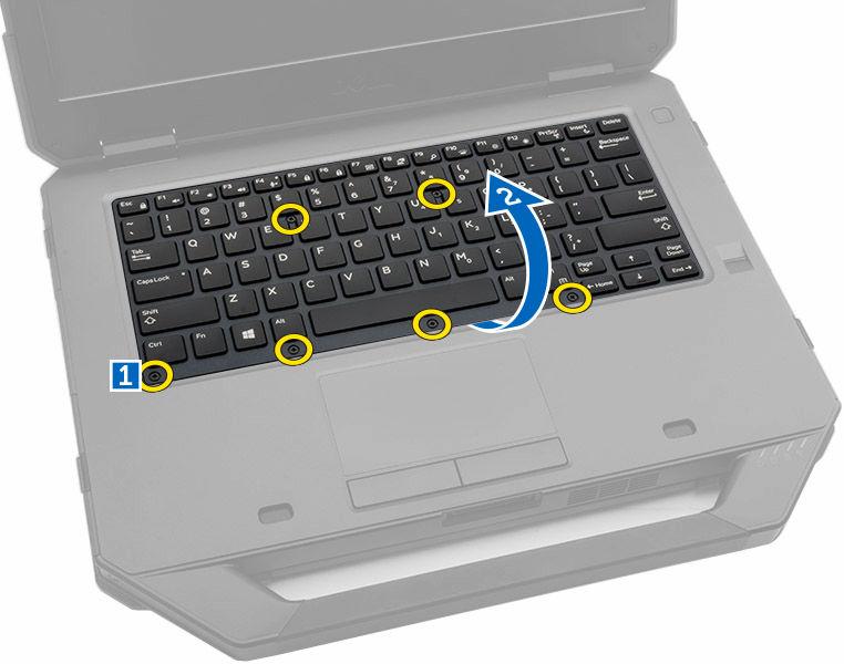 Ta av tastaturet 1. Følg fremgangsmåten i Før du arbeider inne i datamaskinen. 2. Fjern: a. Batteri 3.