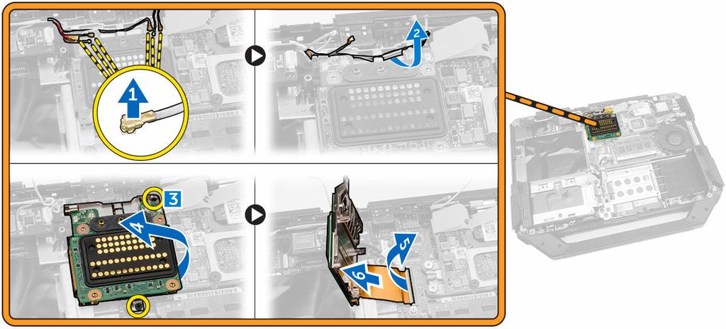 Ta ut forankringsenhetskortet 1. Følg fremgangsmåten i Før du arbeider inne i datamaskinen. 2. Fjern: a. Batteri b. Bunndeksel 3. Utfør følgende trinn, som vist på illustrasjonen: a.