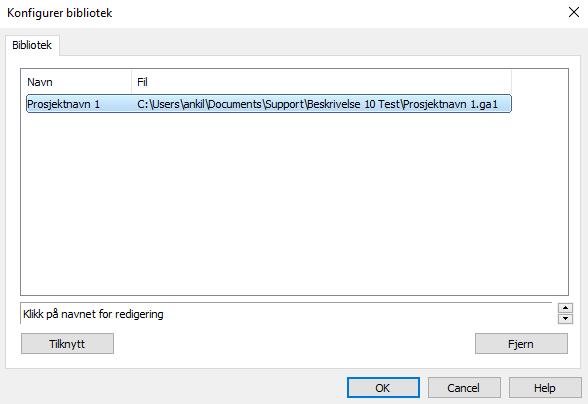 Her kan du gjøre følgende valg: Tilknytt Tilknytter en fil(prosjekt) som biblioteksfil. Fjern Fjerner filen fra listen. (sletter ikke filen) Biblioteksfiler er vanlige.