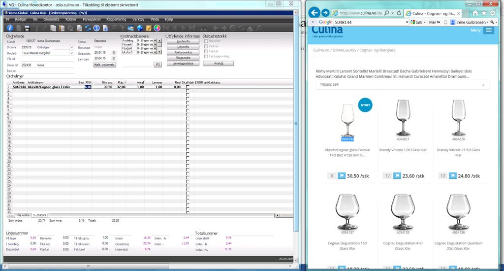 Kopiere produkter fra nettkatalog rett til ordren i VismaGlobal Åpne VismaGlobal og culina.no i samme skjermbilde. Du kan skalere skjermbildene ved å klikke på firkanten øverst i høyre hjørne.