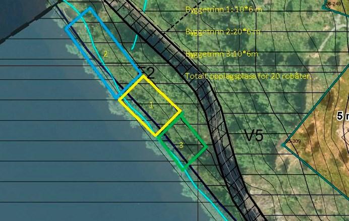 Sak 8/18 Kartvedlegget viser plassering av tre plattinger: Platting 1: bredde 6 m lengde 10 m Platting 2: bredde 6 m lengde 20 m Platting 3 bredde 6 m lengde 10 m Utsnitt av kartvedlegg som viser