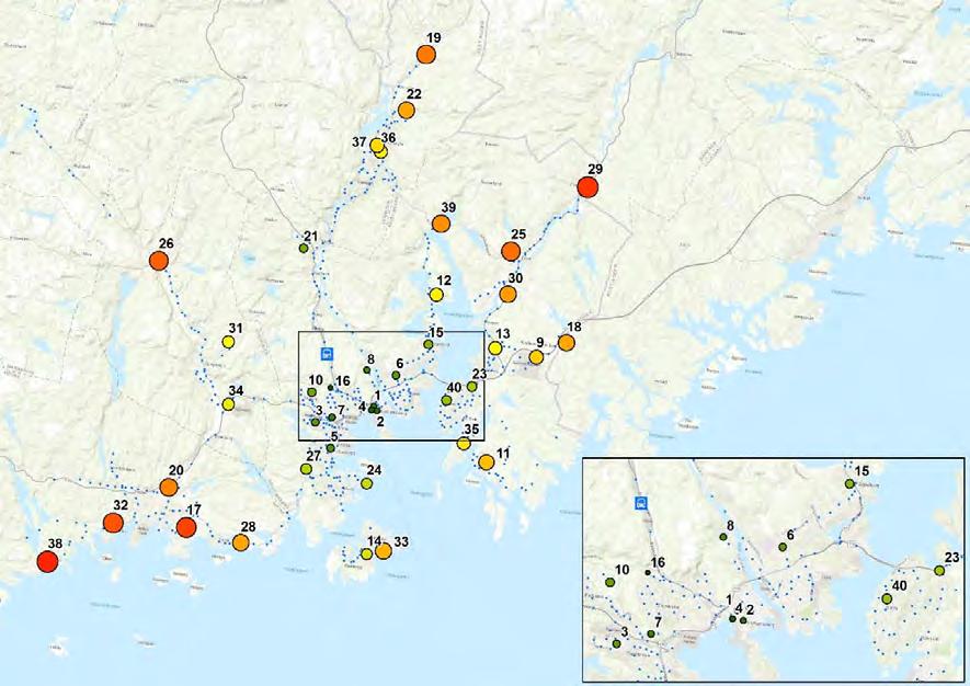 6: Oversikt over de viktigste endestoppestedene for busstilbudet i Kristiansandsområdet og avstand til bussdepot i Dalaneveien 51 (gnr/bnr