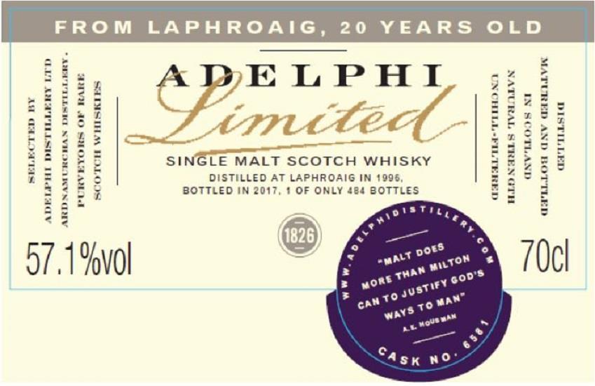 57,2 % Adelphi Limited Laphroaig 1996 20 yo #6581 Destillert i 1996 på Laphroaig, lagret på et refill ex-sherry fat, tappet 2017 av Adelphi.