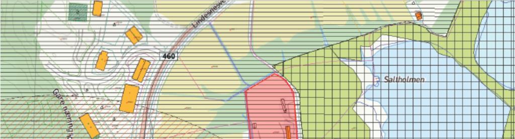 9 Kommuneplankartet viser faresonen rundt bedriften GE. Bedriften ligger nede i venstre hjørne i kartet. Bebyggelsesplan for Vikingland er markert med rødt.