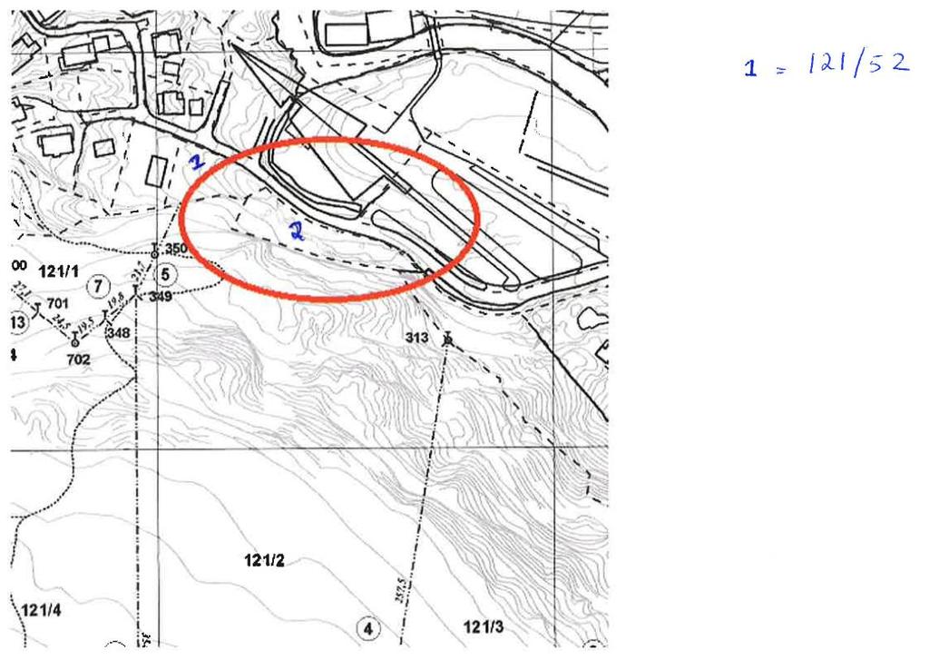 6 Figure 2 Kartskisse frå oppdragsgjevar som viser tomt for planlagt bygg og parkeringsplass, merka 1 og 2 på kartet 2.