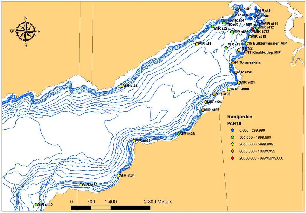 11 (16) Figur 5: Kart over Indre Ranfjord med tilstandsklasser for Σ16PAH i sedimenter (Øxnevad, S. og Bakke, T., 2013).