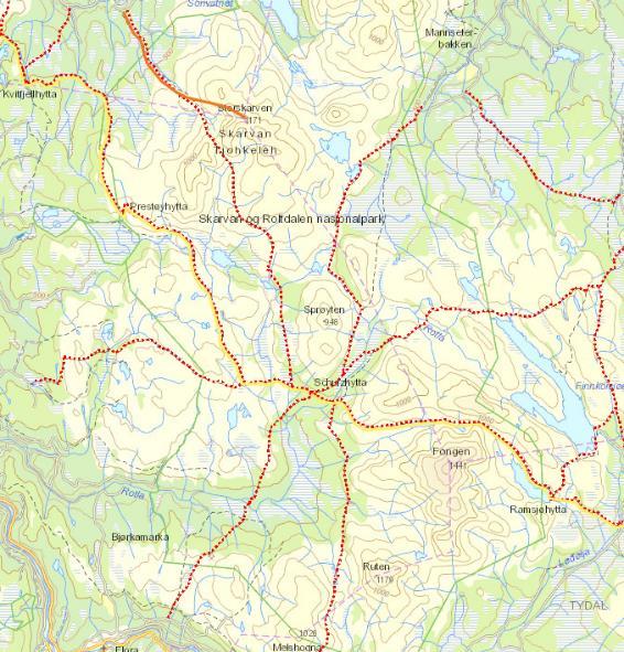 Figur.Turistforeningenes merkede sommerruter i Skarvan og Roltdalen nasjonalpark. Gul markering viser «Norge-på-tvers-ruta» Orange strek viser merket rute til toppen av Storskarven.