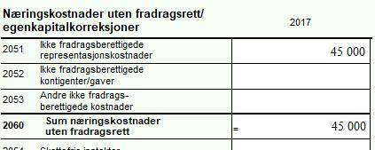 3. Case Ola Nordmann Ikke fradragsberettiget representasjon: Siden dette er et skatteregnskap så skal kun kostnader som gir skattemessig fradrag føres i resultatregnskapet I og med at det er veldig