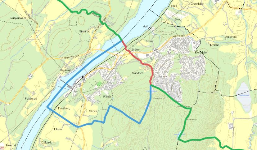 Fylkesmannens utredning: Grensejustering Auli/Rånåsfoss Forslag til grense dersom tettstedet overføres i sin helhet til Nes (1B) Rød: Eksisterende grense som oppheves Blå: Ny grense