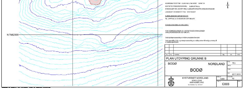 Kystverket planlegger å sprenge bort berg ned til 13,3 m dybde. Totalt utdypingsareal er beregnet til 996 m 2 og volum 846 m 3 (prosjekterte faste m 3 ).