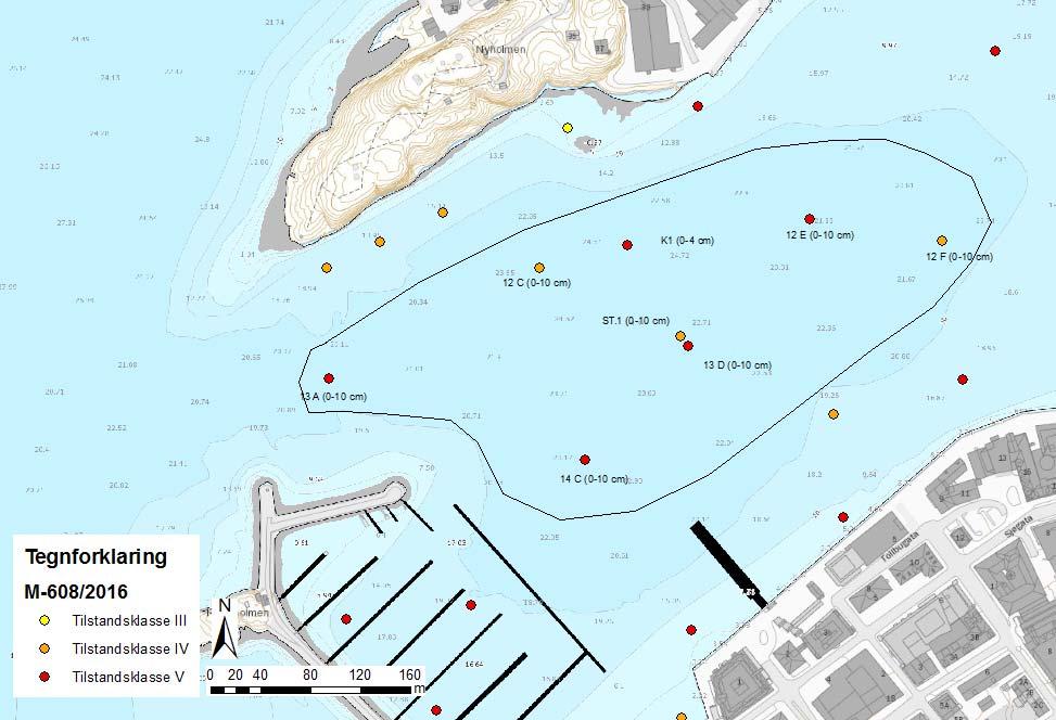 Figur 10: Sjødeponi Bodø havn. Kart med angivelse av prøvestasjoner (0-10 cm) og fargekode for høyeste påviste tilstandsklasse innenfor planlagt dumpingsområde for rene mudringsmasser.