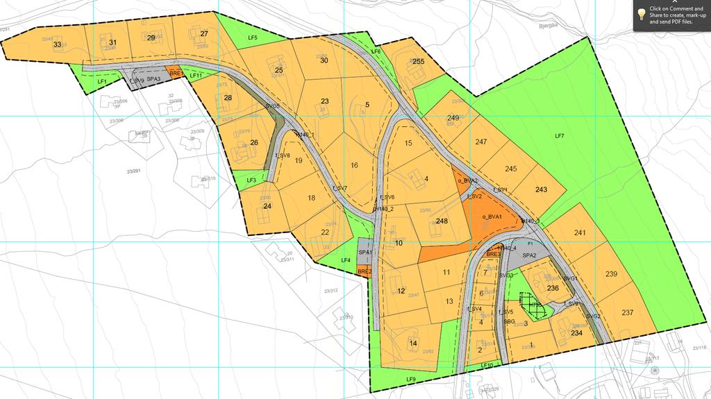 Beskrivelse av planforslaget: Nedenstående kartutsnitt viser planforslaget: Det reguleres til følgende formål: - Bebyggelse og anlegg o Fritidsbebyggelse, BFR o Vann- og avløpsanlegg, BVA o