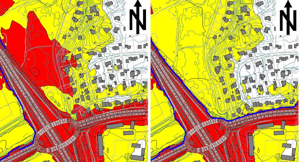 Støyrapport 14 Figur 4-1: LDEN er beregnet 1,5 meter over terreng for å illustrere effekt av skjermer langs Rv25 og østre påkjøringsrampe ved Ridabu.
