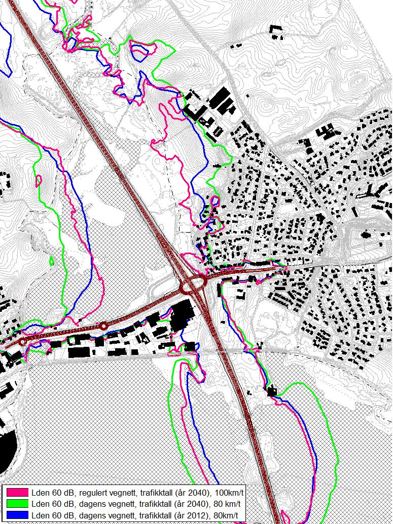 Støyrapport 17 Figur 4-4: Sammenligning av Lden 60 db-soner for ulike situasjoner, beregningshøyde