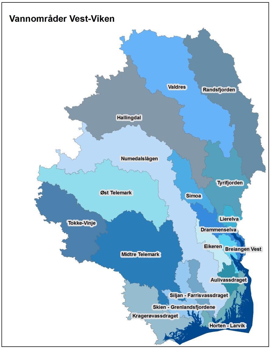 Figur 2 Vannregion Vest-Viken med vannområder.