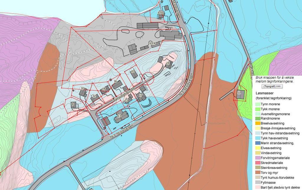 13 NGUs løsmassekart Løsmassekart fra NGU viser at det aktuelle området består hovedsakelig av torv og myr. Det er indikasjon på tynne hav- og strandavsetning.