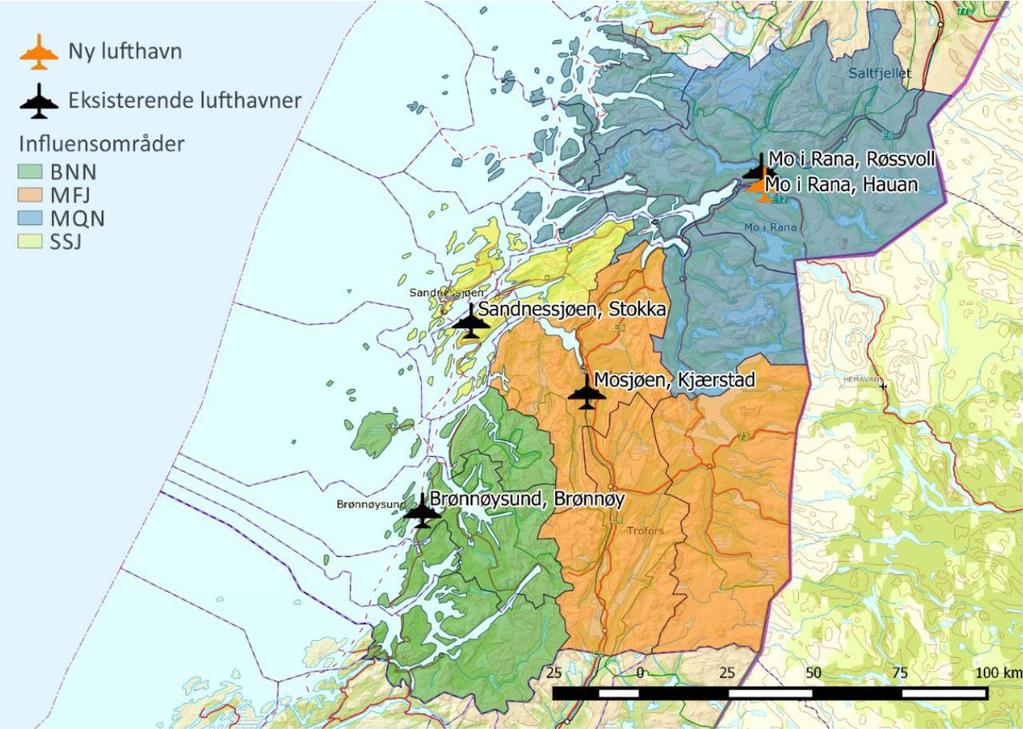 Figur 3: Lokalisering av flyplassene på Helgeland inkludert planlagt flyplassen på Hauan (Figuren er hentet fra Øvrum m.fl., 2015).