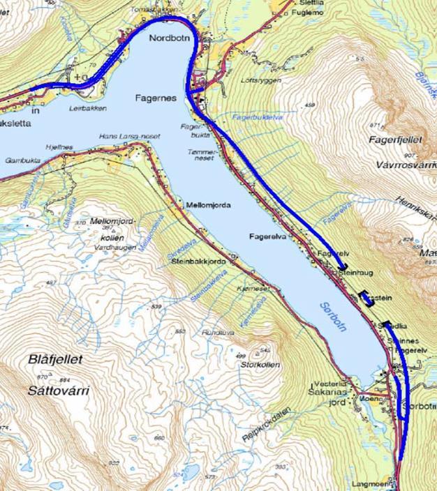 Figur 19: Fagernesalternativet (blå linje) vedtatt i 2000 (Kilde: Statens vegvesen).