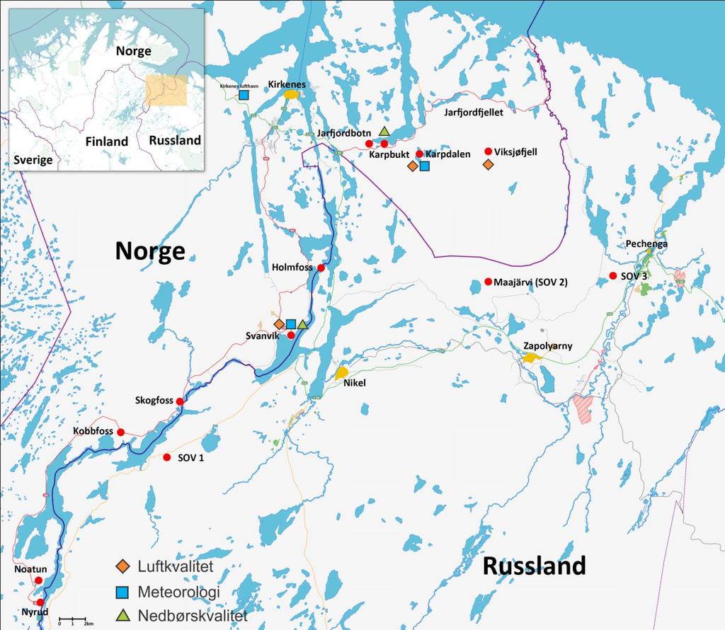 Figur 5: Målestasjoner for luftkvalitet, nedbørkvalitet og meteorologiske forhold i grenseområdene mellom Norge og Russland i perioden april 2011-mars 2012.