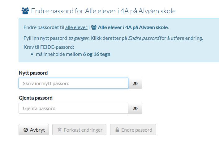 5. Trykk så på «Endre passord» 6. Vis passordet på storskjerm, eller skriv på tavlen 7. Alle elevene logger seg så på https://mega.efeide.no samtidig med det nye passordet 8.