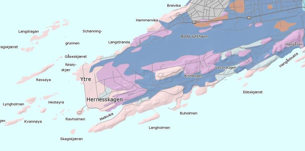 Løsmassene i planmrådet består videre av marin strandavsetning frvitringsmateriale g tynn hav-/strandavsetning.