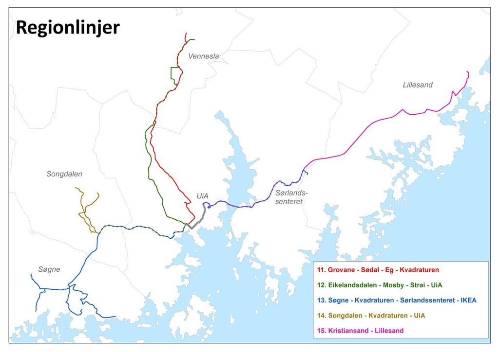 Figur 3. Regionlinjer Innfartsparkering forutsettes anlagt på Grovane i Vennesla, Hortemo i Songdalen og i Lillesand. Ny E39 kan medføre endret kjøremønster vest for Kristiansand.