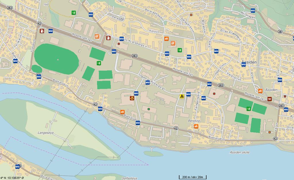 Rosenkrantzgata fylkesvei 283 Vårveien - Travbanen Drammen travbane 510 Åssiden vgs 760 Farmen 600 Vårveien Forslag: - Beholde eksisterende plassering av holdeplasser -