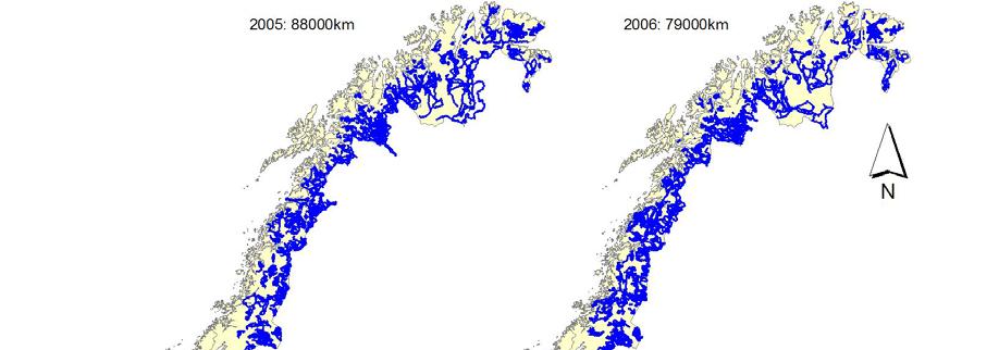 Figur 2. Geografisk fordeling av innsatsen ved yngleregistrering av jerv i Norge i 2005 og 2006.